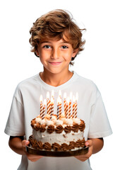 Happy birthday boy holding his own birthday cake over white transparent background