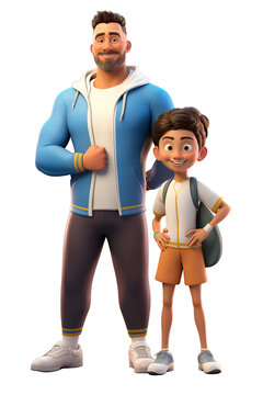 Gym school teacher with his little student boy on isolated transparent background