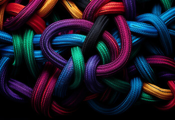 A tangled pile of coloured rope. Confusion and thought process concept