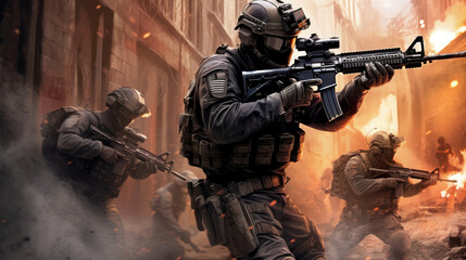 Fototapeta premium Coordinated Response: Special Forces in Dynamic Urban Operation against Terrorism Ai Generative