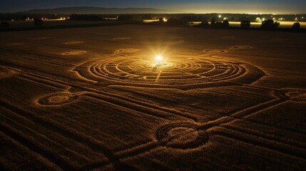 Fototapeta na wymiar Eerie crop circles, etched into fields under the cover of night, puzzle humanity with their enigmatic messages. Generative AI