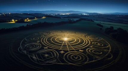 Eerie crop circles, etched into fields under the cover of night, puzzle humanity with their enigmatic messages. Generative AI - obrazy, fototapety, plakaty