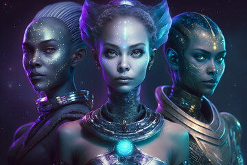 Starseed people as human aliens from other galaxies, fictitious person. AI generated image