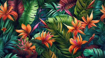 Tropical Paradise: Vibrant and Lush Background with Palm Leaves and Exotic Flowers Ai Generative