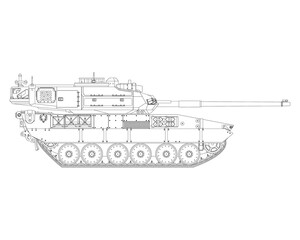 Main battle tank in line art. Armored fighting vehicle. Special combat military transport. Detailed vector illustration isolated on white background.
