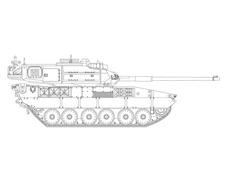 Main battle tank in line art. Armored fighting vehicle. Special combat military transport. Detailed vector illustration isolated on white background.