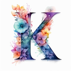 Letter K made of beautiful watercolor floral alphabet on white background. Flower font concept. Unique collection of letters and numbers