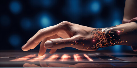 Robot hand ai artificial intelligence assistance work with computer display, office background. Generative AI