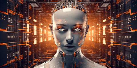Humanoid cyborg AI robot woman close up, digital illustration. Generative AI