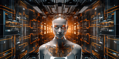 Humanoid cyborg AI robot woman upper body, digital illustration. Generative AI