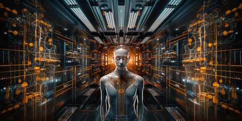 Humanoid cyborg AI robot woman zoomed out half body, digital illustration. Generative AI