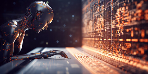 Android cyborg working at desk - 3D illustration of science fiction robot man. Generative AI