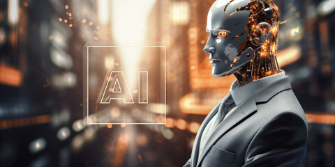 Male android cyborg in a suit with AI text - 3D illustration of science fiction robot man. Generative AI