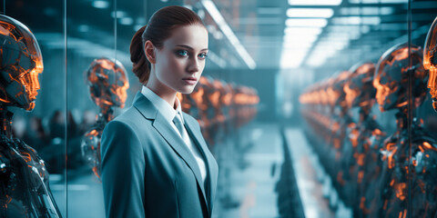 Business woman in a server hall with robots. Modern technologies, robot versus human, artificial intelligence, neural networks. Generative AI