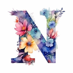 Letter N made of beautiful watercolor floral alphabet on white background. Flower font concept. Unique collection of letters and numbers