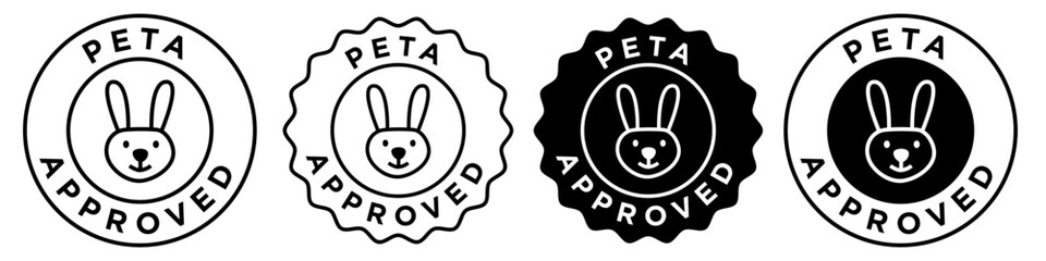 Peta approved icon vector set collection for web app ui use. Sign symbol of People for the Ethical Treatment of Animals. Vector round circle badge stamp style emblem of cruelty free rabbit bunny label