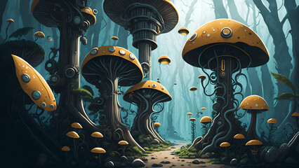 mushroom forest, steampunk engineering, white background, cartoon style