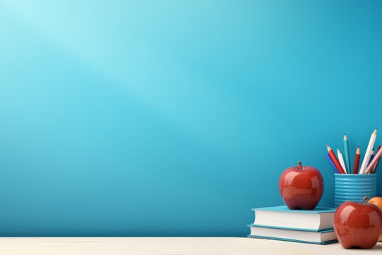 Back To School blue background Graphic With Copy Space - Apples, Books, Pencils, and Chalkboard.