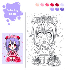 Coloring book for kids. Anime girl with roses.