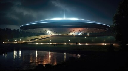 Naklejka premium Secret government facilities, shrouded in conspiracy, hide evidence of alien technology, fueling speculation and curiosity. Generative AI