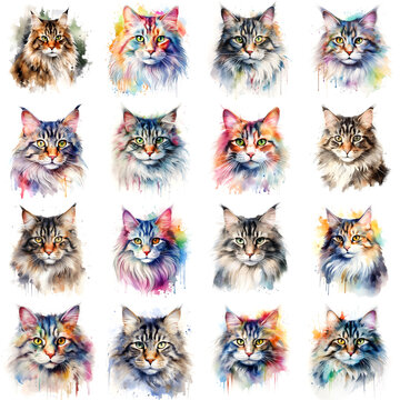 Set of cats painted in watercolor on a white background in a realistic manner, colorful, rainbow.
