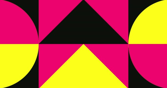 Modern loop Animated Geometric pattern or background. 4K resolution geometric motion design in pink, yellow and black colors. Abstract moving shapes background with circles and triangular