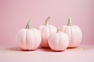 Obraz na płótnie Canvas autumn composition with white pumpkins on a pink background. Halloween, Thanksgiving party. Generative AI