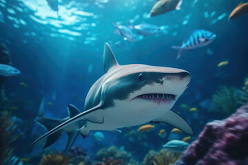 Fototapeta premium Great White Shark swims in the ocean near the reef. undersea world. close up shot. generative ai, ai, generative