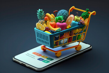 Shopping with trolley on smartphone. online shopping, delivery of goods through an application or gadget. generative ai