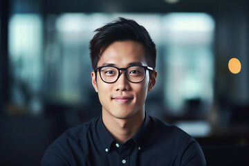 Obraz premium Successful Asian businessman, in a black suit, works in a office. young boss is smiling. generative ai, generative, ai