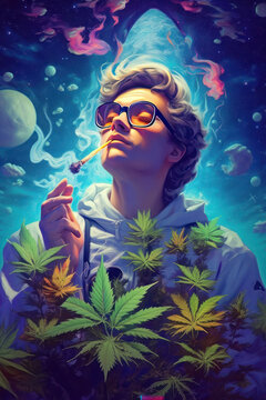 a girl, woman with glasses smokes marijuana. abstract illustration. hippie exhale smoke. generative ai, generative, ai