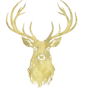 Deer Head golden glittering print. Hand drawn illustration.