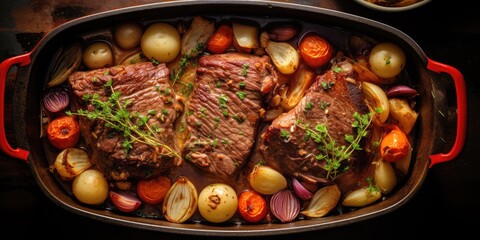 beef pot roast in cast iron dish with carrots and potatoes shot top down, created with generative AI