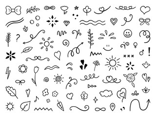 Abstract doodle elements. Hand drawn decorative illustrations in sketch style. Arrows, stars, flowers, hearts, decoration symbols and signs. Vector illustration isolated on white background.