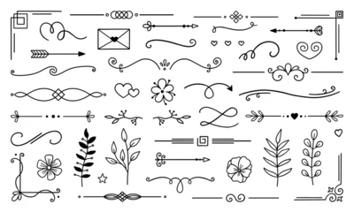 Fototapete Boho-Stil Decorative elements doodle set. Boho arrows, ribbons, text dividers. Divider ornament, corner borders, lines. Hand drawn vector illustration isolated on white background