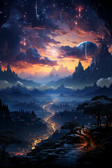 Beautiful stunning night, moon and stars and nebulas in the sky. AI generative