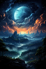 Beautiful stunning night, moon and stars and nebulas in the sky. AI generative