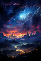 Beautiful stunning night, moon and stars and nebulas in the sky. AI generative