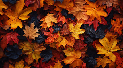 Naklejka na ściany i meble Top view of red, orange, and yellow leaves background, fallen leaves in autumn. Generative ai.