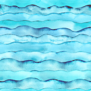 Watercolor sea ocean wave blue teal colored seamless pattern © Olga