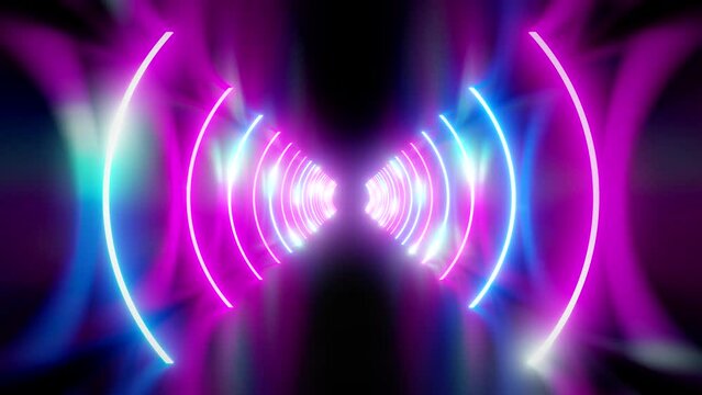 Flying inside geometrical futuristic tunnel with glowing circular ultraviolet, pink, purple and blue neon lights - 3D 4k seamless loop animation (7680x4320px)