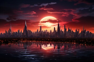Fototapeta premium Wide - angle shot, iconic skyline of a futuristic city at sunset. Generative AI