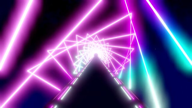 Moving forward inside futuristic tunnel with rotating triangular ultraviolet, pink, purple and blue neon lights, stars and space in background - 3D 4k seamless loop animation (7680x4320px)