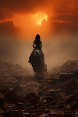 Dusk aphrodite riding a horse on the edge of the abyss in textured megatrash polkadot style. AI generative