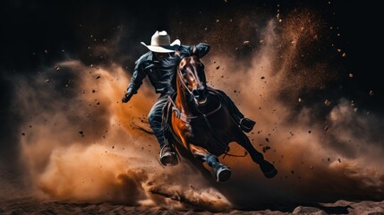 Obraz na płótnie Canvas A man in a cowboy hat riding a horse. Generative AI image.