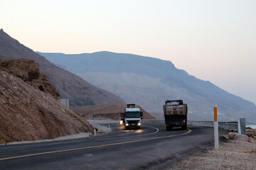 Travel and trade trucks beside the Dead Sea, Jordan (Trading, shipping and Transportation)
