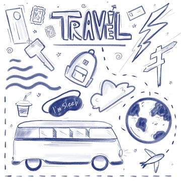 Doodle travel.  Pencil illustration. Trip around the world. 