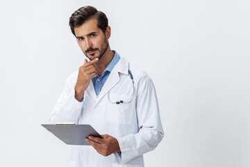 Man doctor in white coat with stethoscope and record folder and patient chart unhappy angry on...