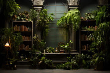 vintage studio room background template full of plants and books