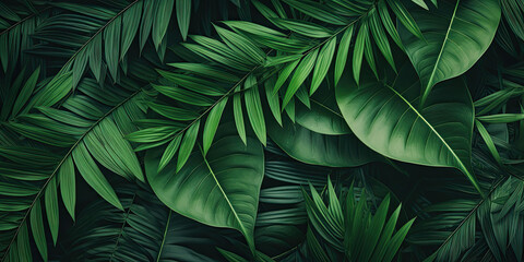 Naklejka na ściany i meble desktop wallpaper loseup Tropical Green Leaf Background, a Fresh and Vibrant Wallpaper Banner Concept Generative AI Digital Illustration